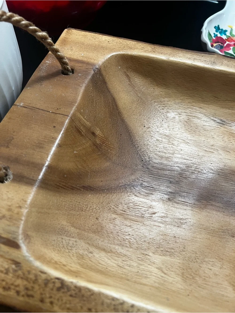 Hand-Carved Wooden Serving Tray with Rope Handles - Brown